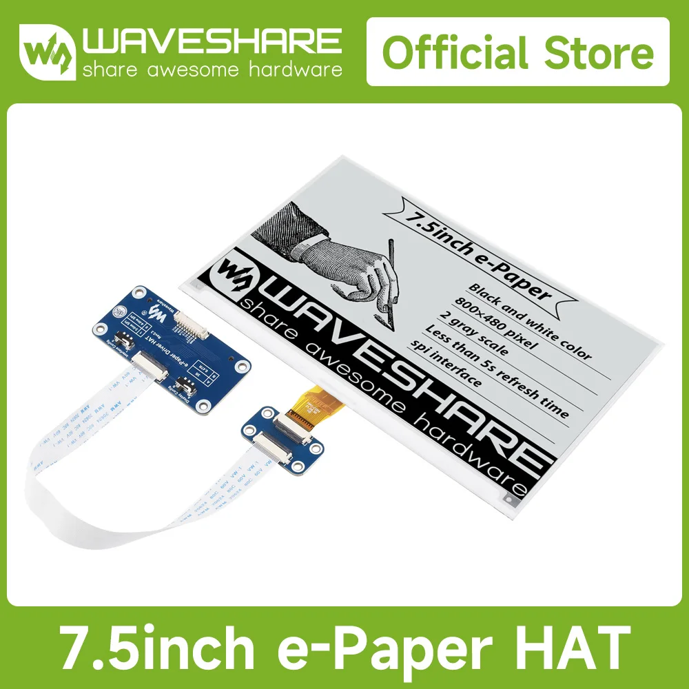 Waveshare 7.5inch E-Ink  HAT E-paper Display  800x480 Supports Raspberry Pi 5/4B/3B/Pi Zero/Zero/Jetson Nano/Arduino/STM32