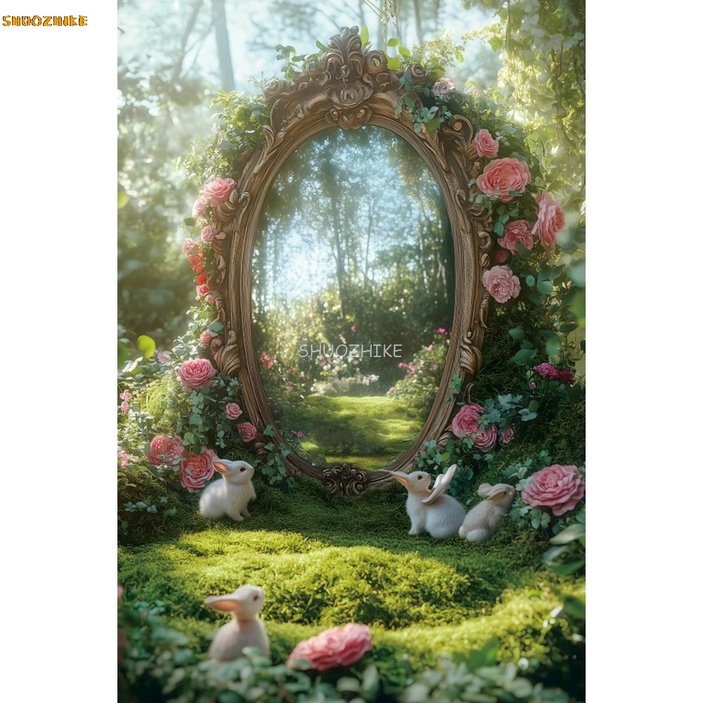 Sfondo fotografico di Pasqua primaverile Fiori Prateria Conigli Ritratto di bambini Decorazioni per feste di compleanno Sfondo per servizio fotografico Photobooth