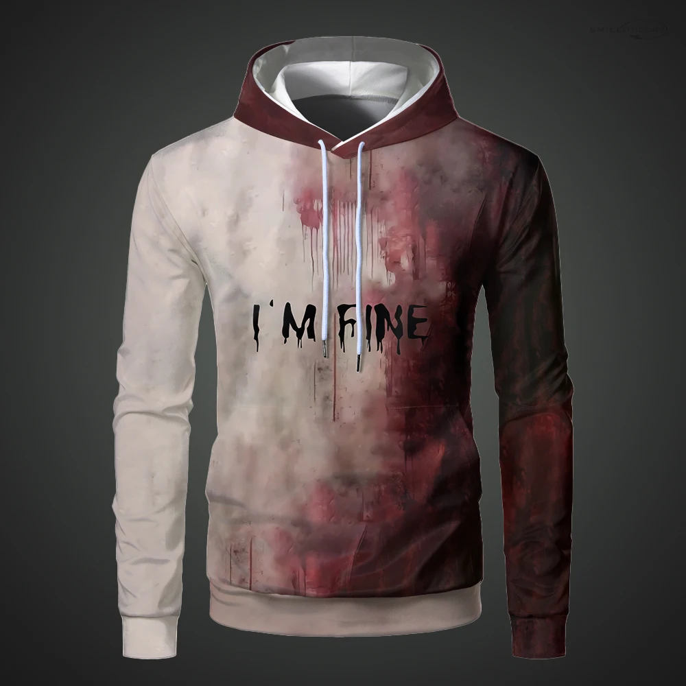 I'M Fine Bloody Mens Hoodies Problem Solved Blood Funny Weird Hoodied Sweatshirt Halloween Casual Horror Retro Pullover Clothes