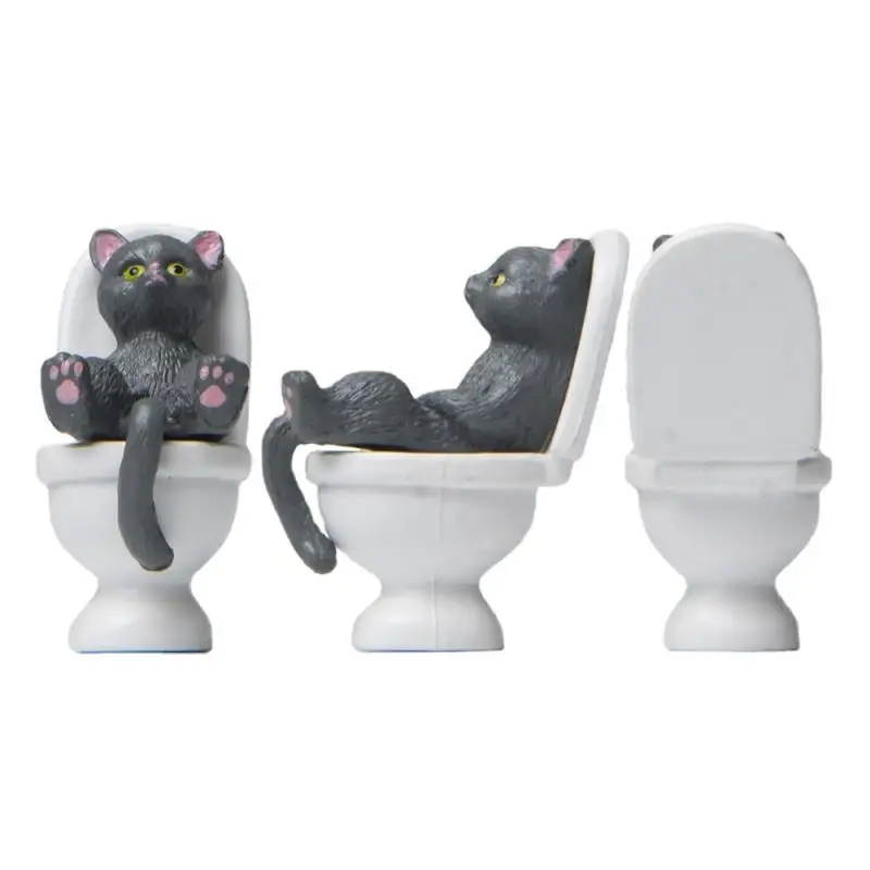 Kawaii Cartoon Cat Sitting On The Toilet Figurines Handmade Resin Miniatures Table Accessories Gifts For Garden Home Decorations