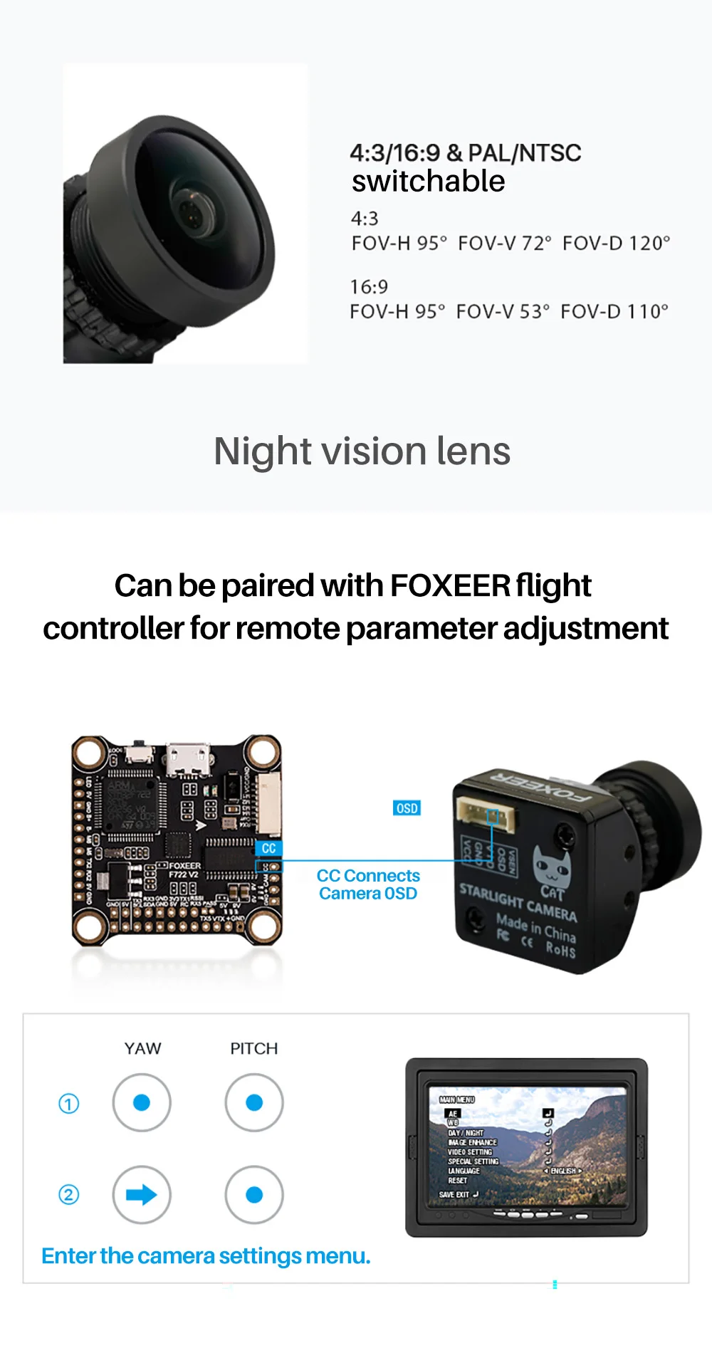 폭시어 미니 캣 / 마이크로 캣 4 1200TVL 스타라이트 0.00001Lux FPV 카메라 저지연 저소음 FPV 카메라 RC 모델용