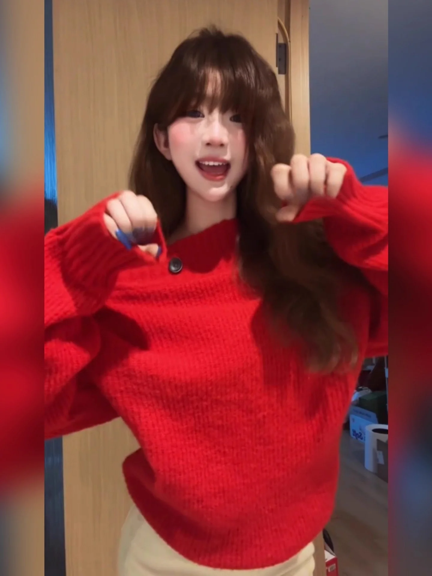 Cisas Theme Red oulder Bared Long Sve Knitted Sweater Loose Fit Women's Autumn Winter Faion Korean Sle Top