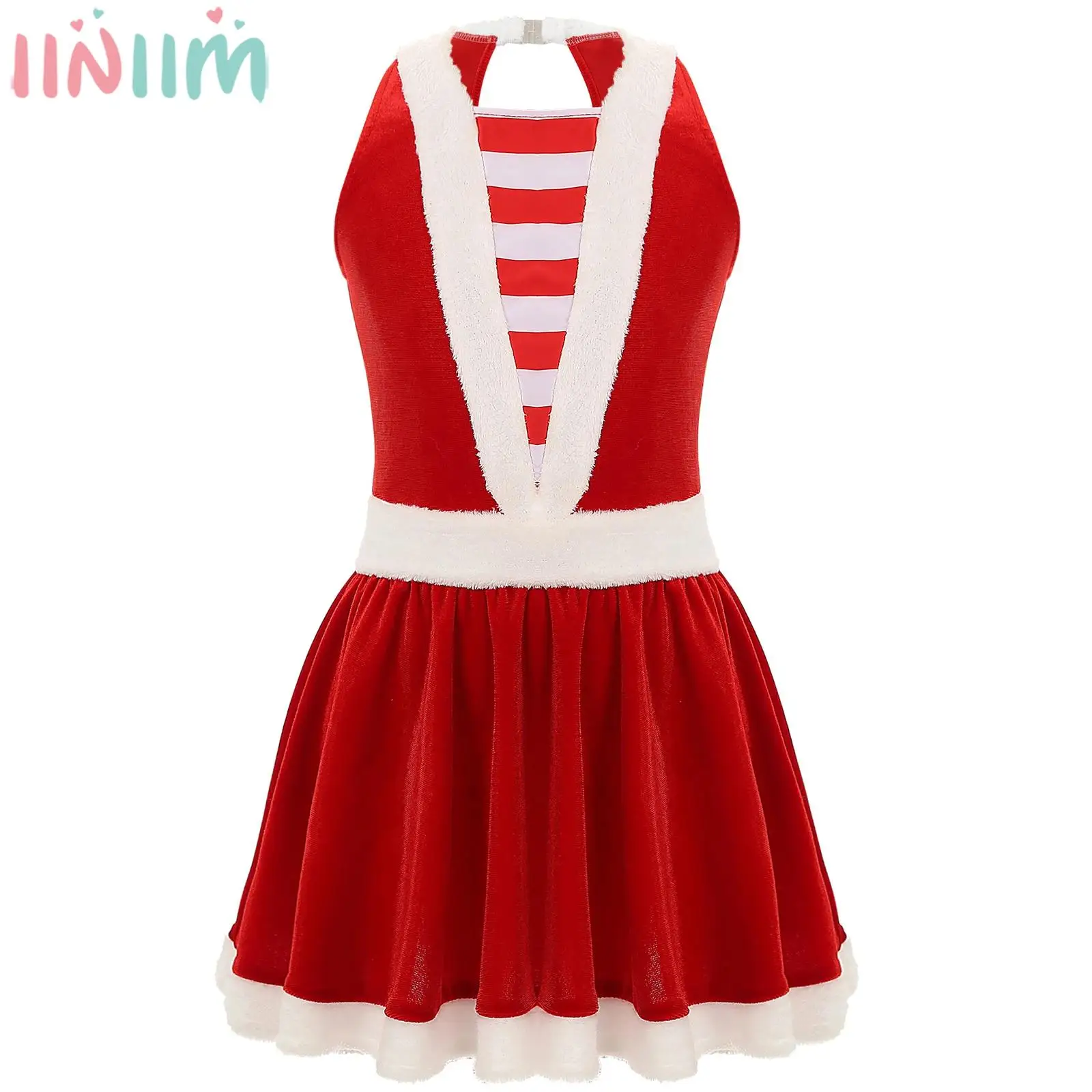 Kids Girls Christmas Dress New Year Theme Party Santa Claus Cosplay Stage Performance Costume Sleeveless Sequin Velvet Xmas Gown