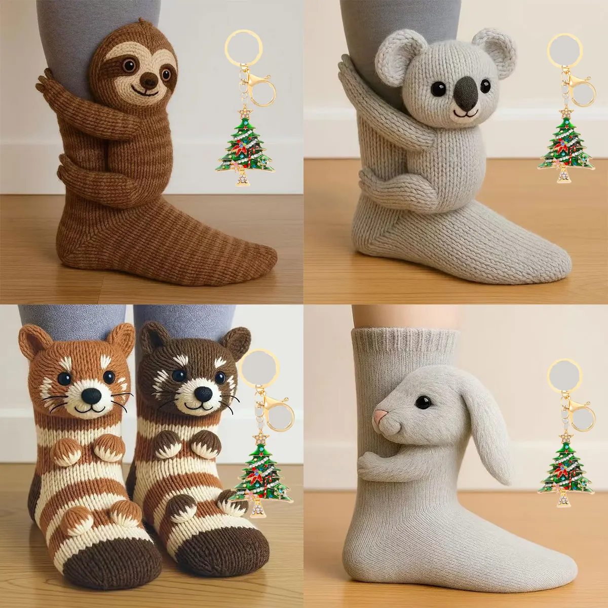 

3D Knitted Animal Lazy Women's Socks, 2025 Christmas Socks Series Fun and Cute Plush Animal Hugging Socks Christmas Keychain