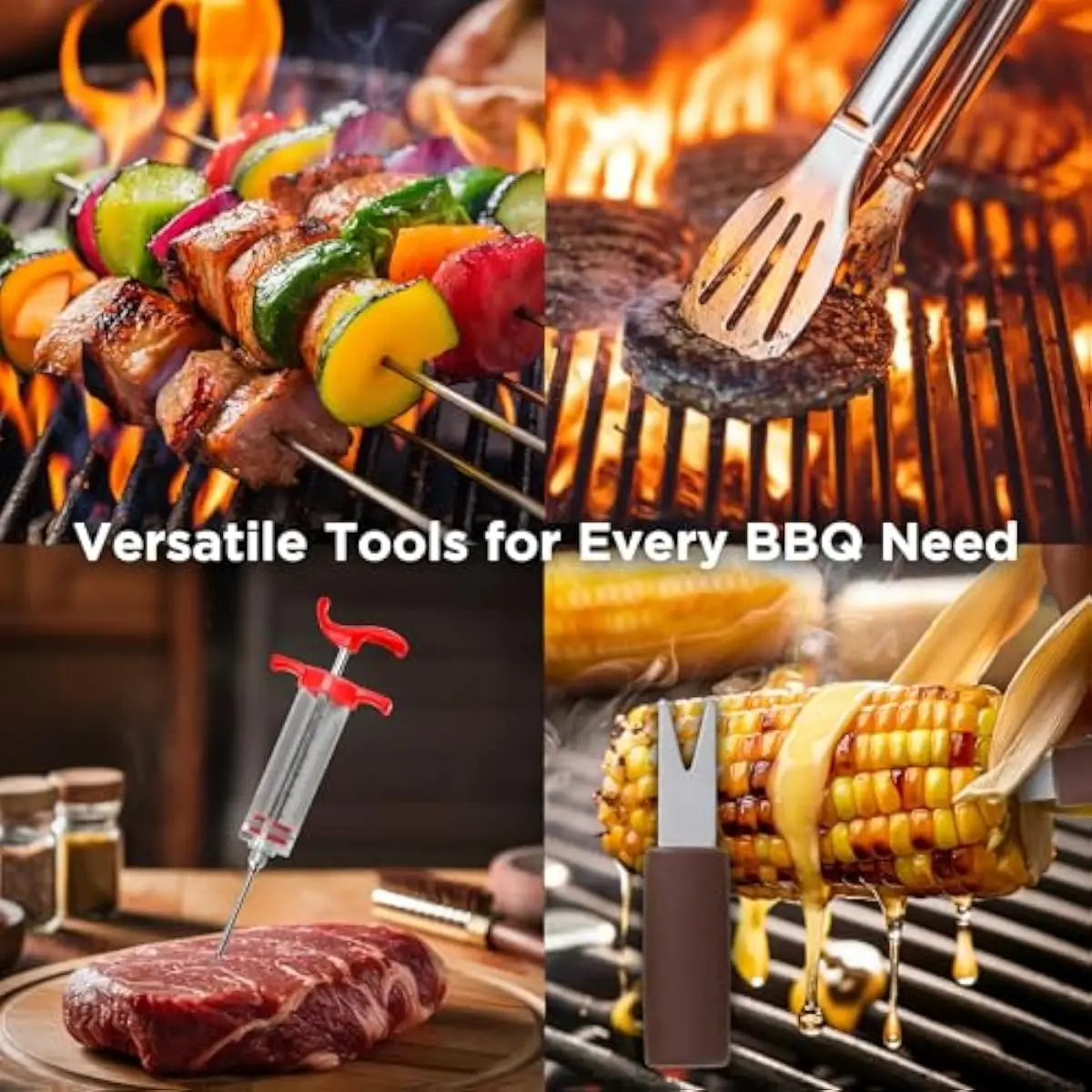 50-Piece Premium Grill Kit Featuring Stainless Steel Tongs Spatula Fork Knife Basting Brush Thermometer Injector Claws Skewers C