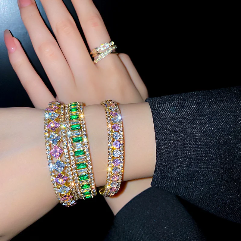 Geometric Zircon Bracelet & Bangles For Women Pink Green Cuff Bracelets Weddings Party Jewelry