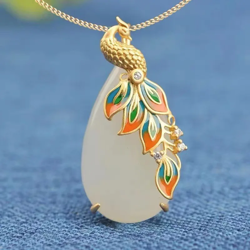 

Gold Silk Jade Court Wind Phoenix Pendant Women's Necklace