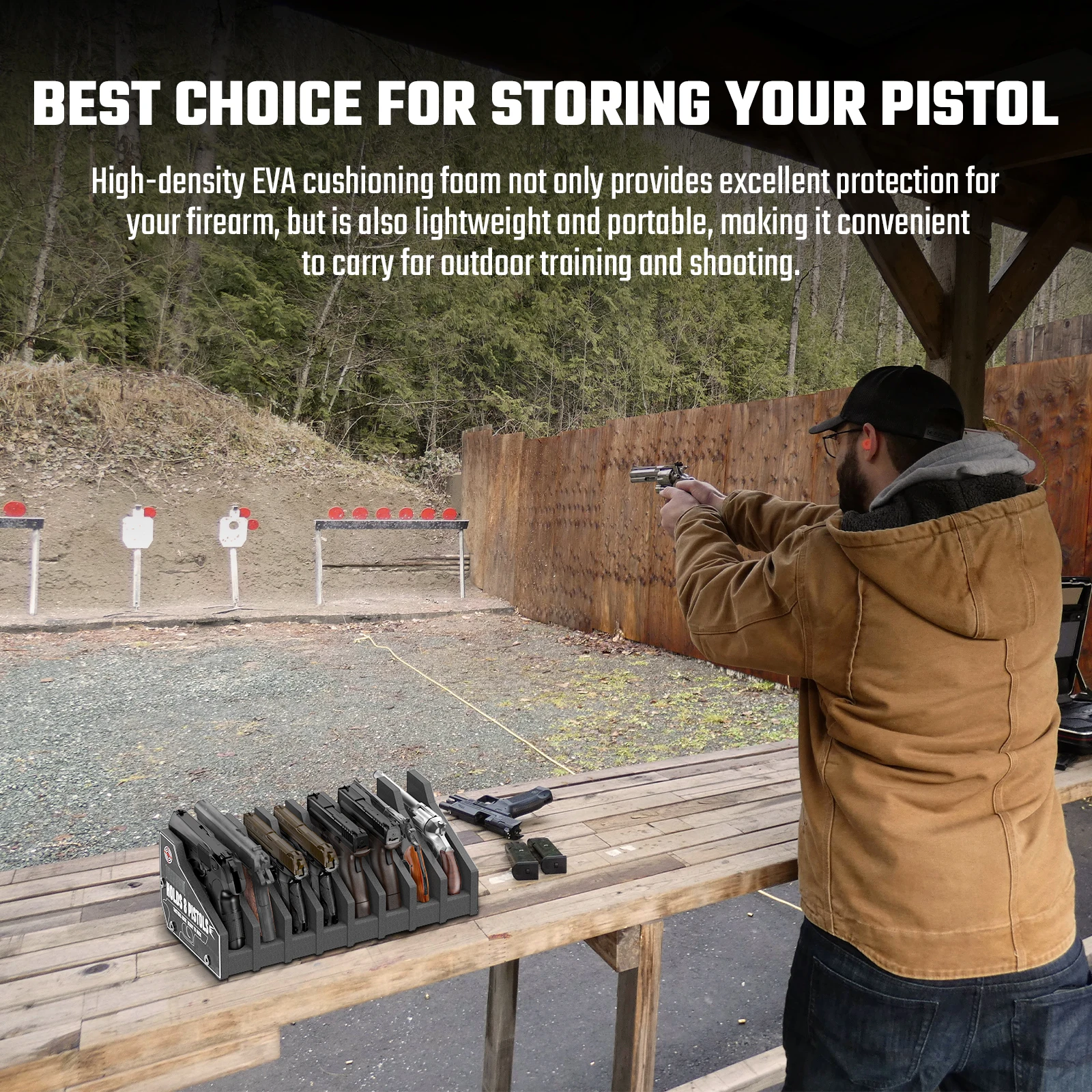 Stackable organizer for all pistol sizes, in 4/6/8 slots. EVA foam protection. Fits safes, cabinets, closets.