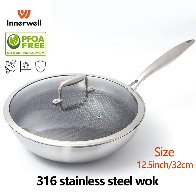 

Home Kitchen 32cm Stainless Steel Pan Wok with Lid Nonstick Toxin Free Cookware Steak Chicken Stir Fry Pot Compatible All Stoves