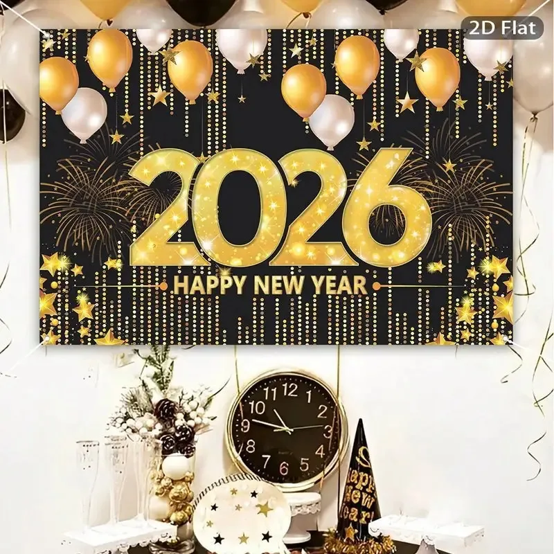 1 قطعة 2DPlane2026 قماش خلفية السنة الجديدة - تصميم بالون الألعاب النارية باللونين الأسود والذهبي، لا يتطلب إمدادات الطاقة #3