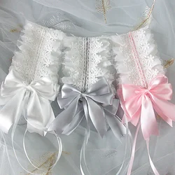 Lolita Anime Maid Ruffled Headband Sweet Embroidery Lace Ribbon Bow Hairband with Hairpins Cosplay Headdress