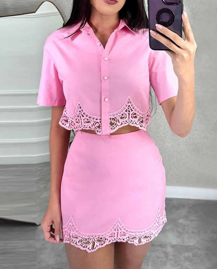 2024 Summer Two Piece Set Women Elegant Lace Trim Buttoned Turn-down Collar Short Sleeve Shirt Top and Slim Fit Mini Skirt Set
