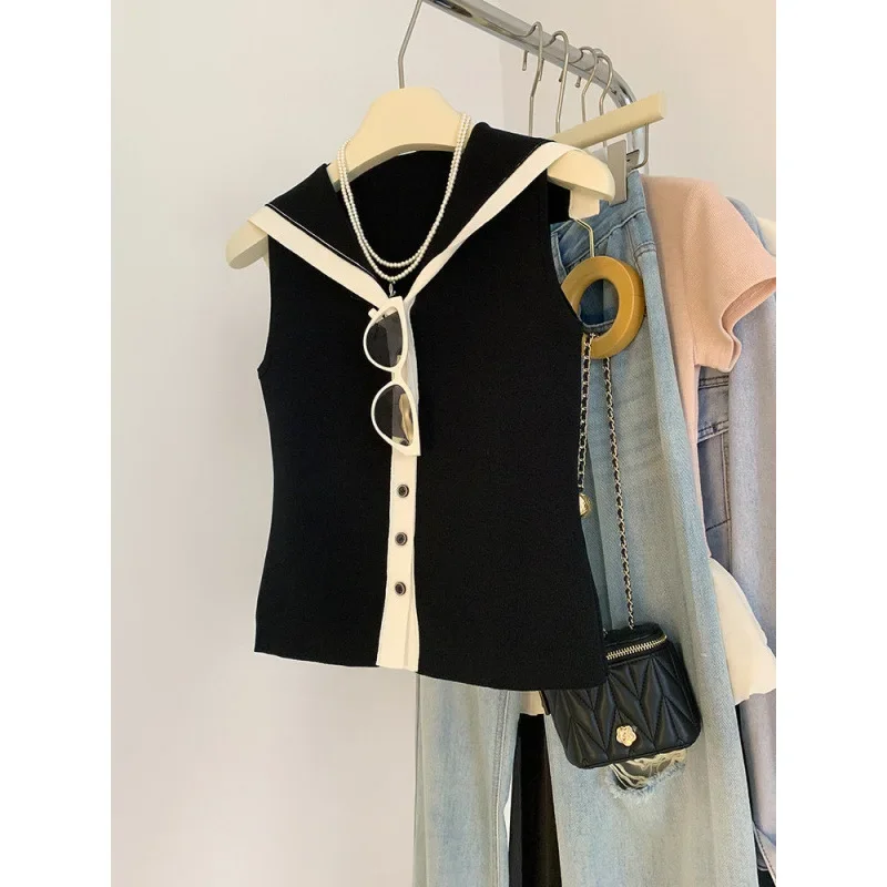 الكورية نمط كتلة اللون البحرية طوق أكمام محبوك سترة المرأة سليم صالح الصيف جديد الحلو والتوابل العصرية الأعلى #3