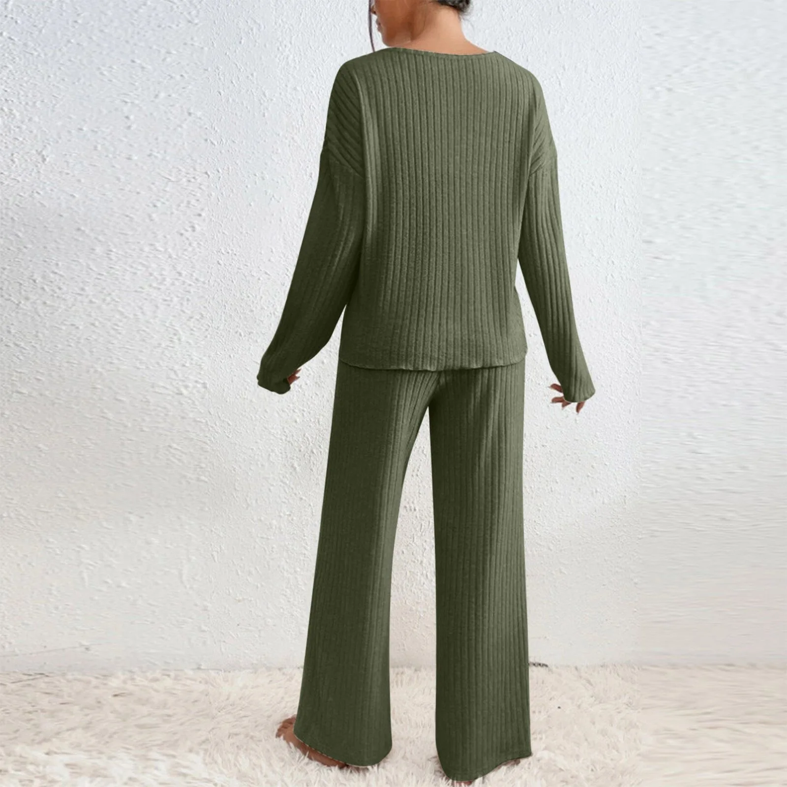 Damen Geripptes Strick-Zweiteiler-Set V-Ausschnitt Langarm-Oberteil Weite Hose Herbst Locker Lässige Loungewear Eleganter Hausanzug – Detail 2