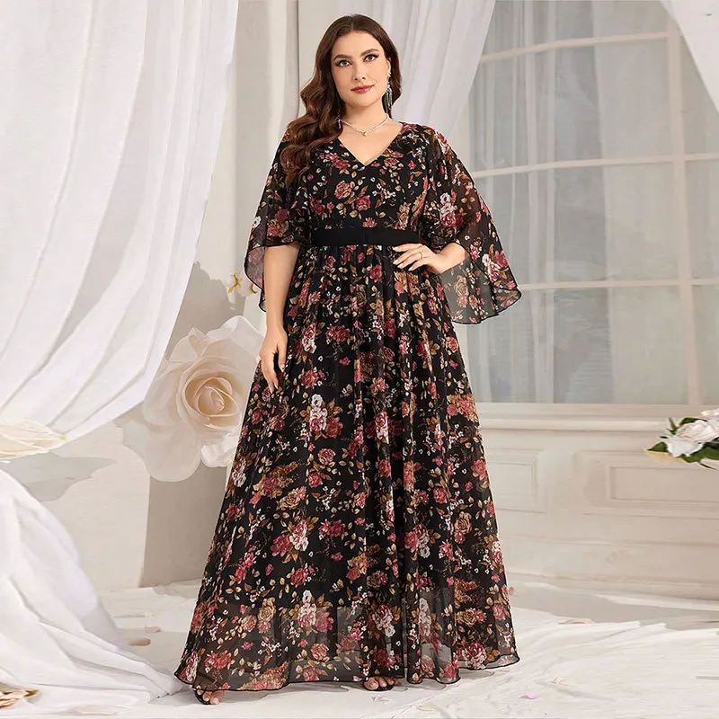 

Women's large-size casual literary pearl chiffon dress, lotus leaf sleeve swing dress, banquet bridesmaid dress, new high-end cl