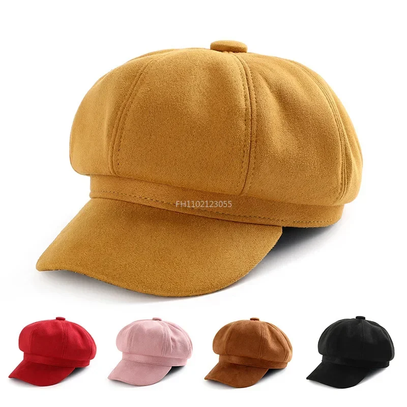 Casual Suede Fabric Hats & Caps Solid Color Adjustable Baker Cap Newsboy Hat Berets Beret Hat Winter Hats for Women