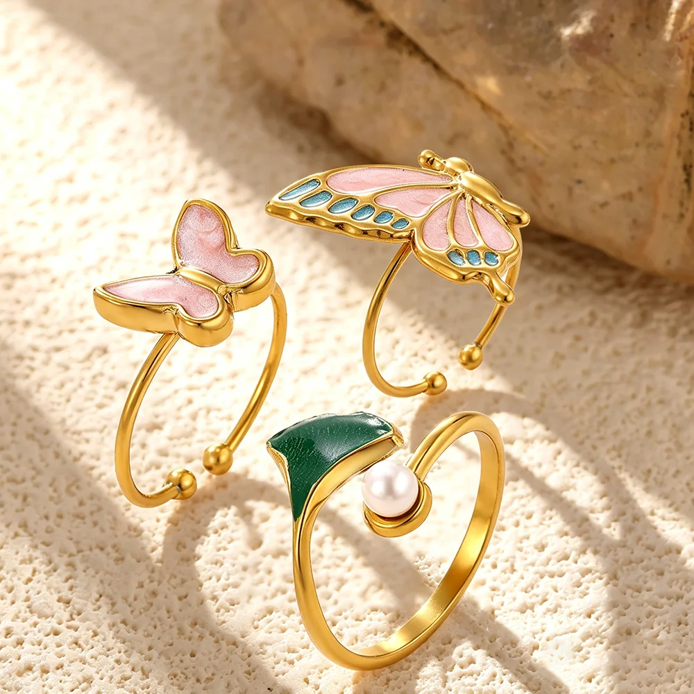 3PCS Vintage Enamel Butterfly Ginkgo Leaf Pearl Open Ring Set for Women Gold Color Stackable Stainless Steel Trend Jewelry Gift