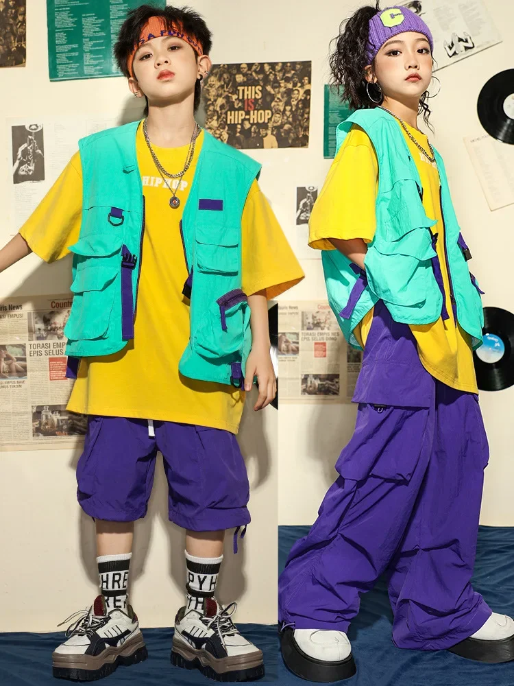 Oversize T Shirt Vest Top Purple Casual Pocket Cargo Pants Shorts Girl Boy Jazz Dance Costume Clothes Kid Hip Hop Clothing