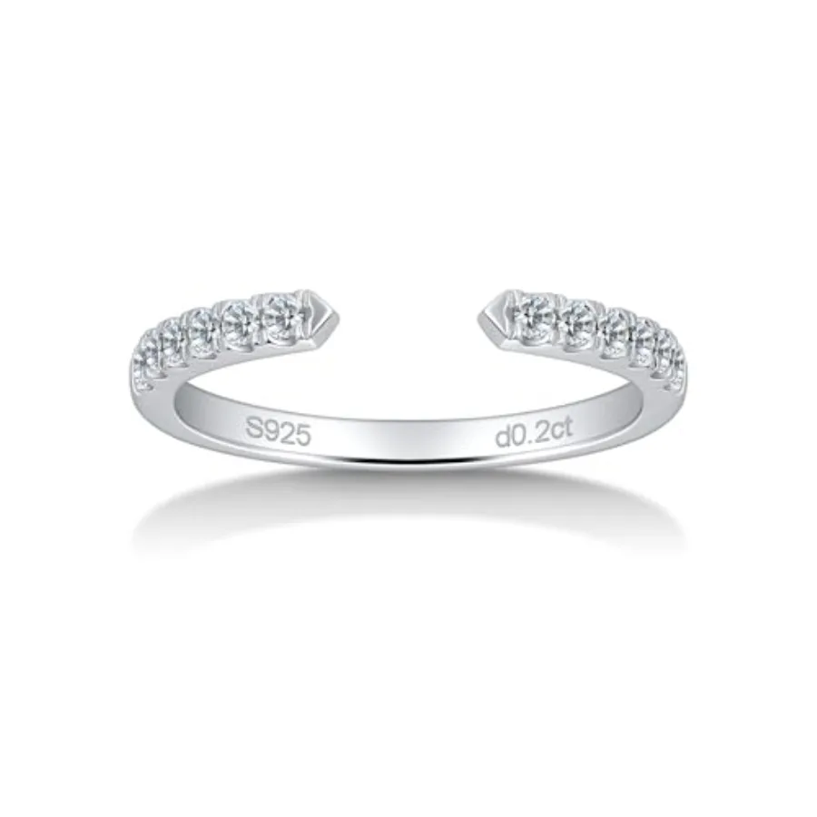 

getlove Moissanite Open Ring for Women White Plated Half Eternity Wedding Band Dainty Adjustable Stackable Rings 925 Sterling E