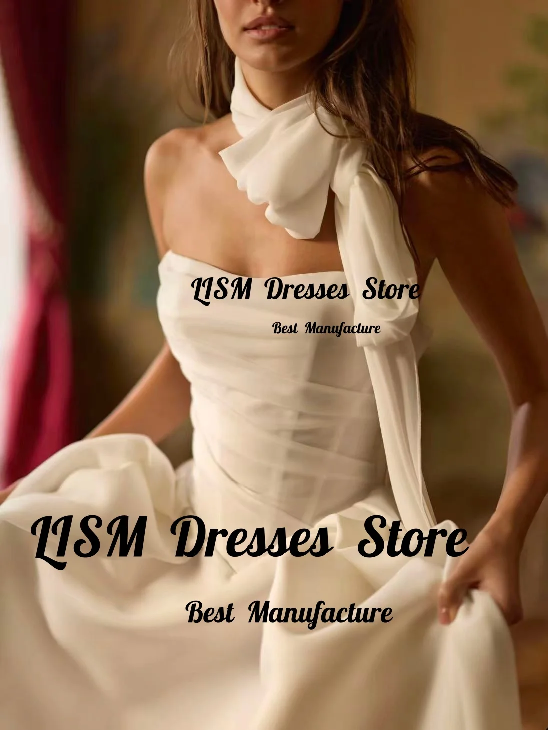 Lism Customized Vintage Wedding Dress Strapless with Scarf Draped Ivory Satin Long Train Bridal Gown Vestido De Novia 2026