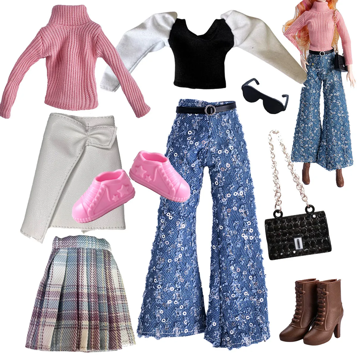 1/6 Doll Clothes Accessories Fashion Simple Top+Sequin Denim Trousers+Pleated Skirt+Shoes+Shoulder Bag For 30cm Babi Supermodel