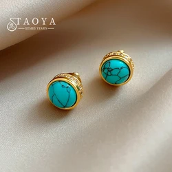 New Chinese style Retro Turquoise Natural Stone Micro Inlaid Zircon Earrings 2024 Fashion Jewelry Luxury Accessories for Womens
