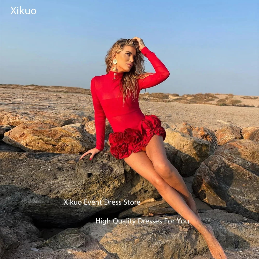 

Xikuo Sexy High Neck Prom Dresses Mini Length Formal Party Dresses Long Sleeves Red Fashionable Cocktail Dresses Customized