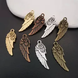 12Pcs/Lot 31x11mm Tibetan Plated Alloy Wing Charm With Rose On Pendant For DIY Jewelry Making