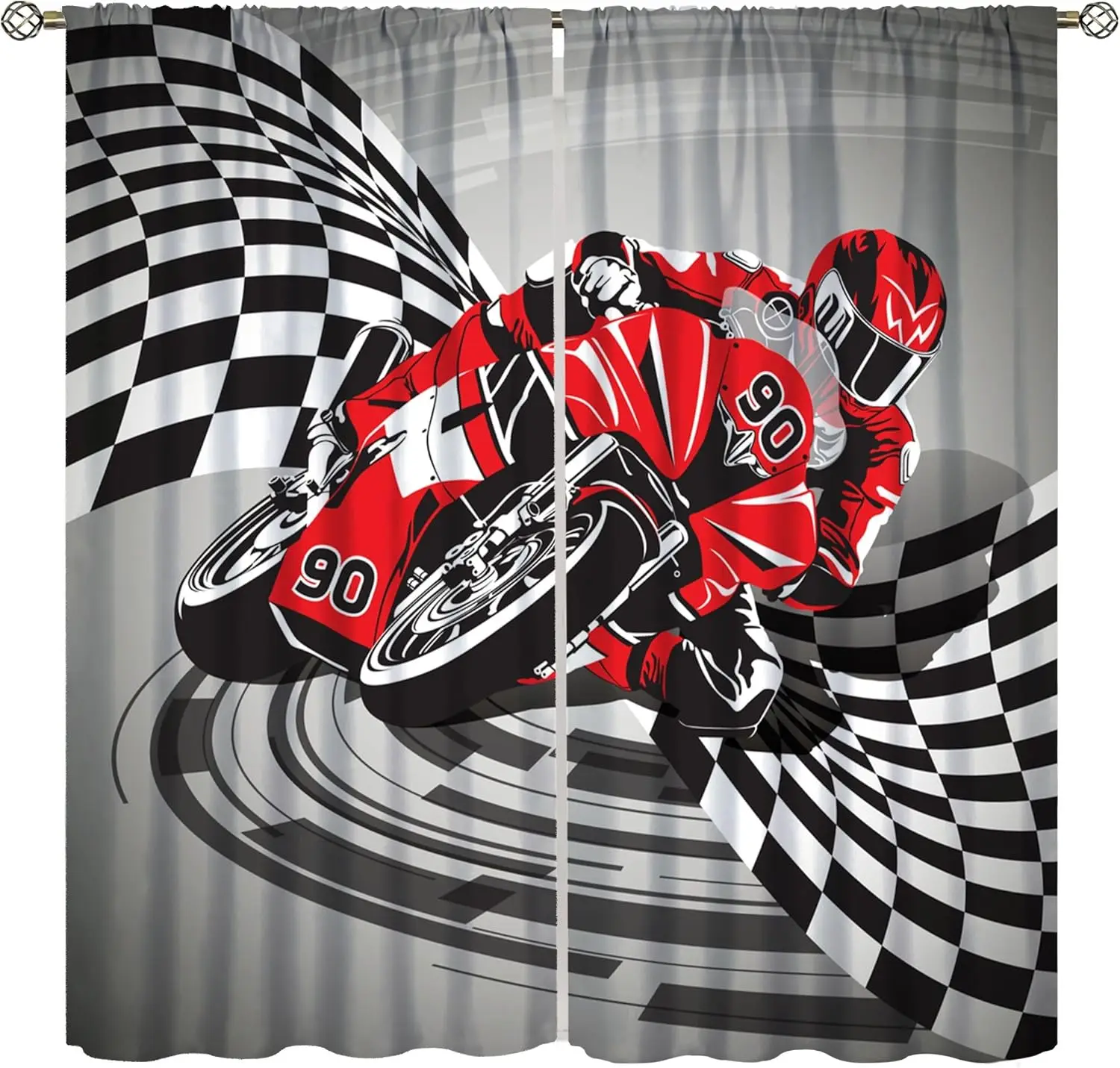 Motorcycle Blackout Curtains, Cartoon Cool Checkered Racing Flag Red Motor Window Drapes for Kids Teens and Men Bedroom