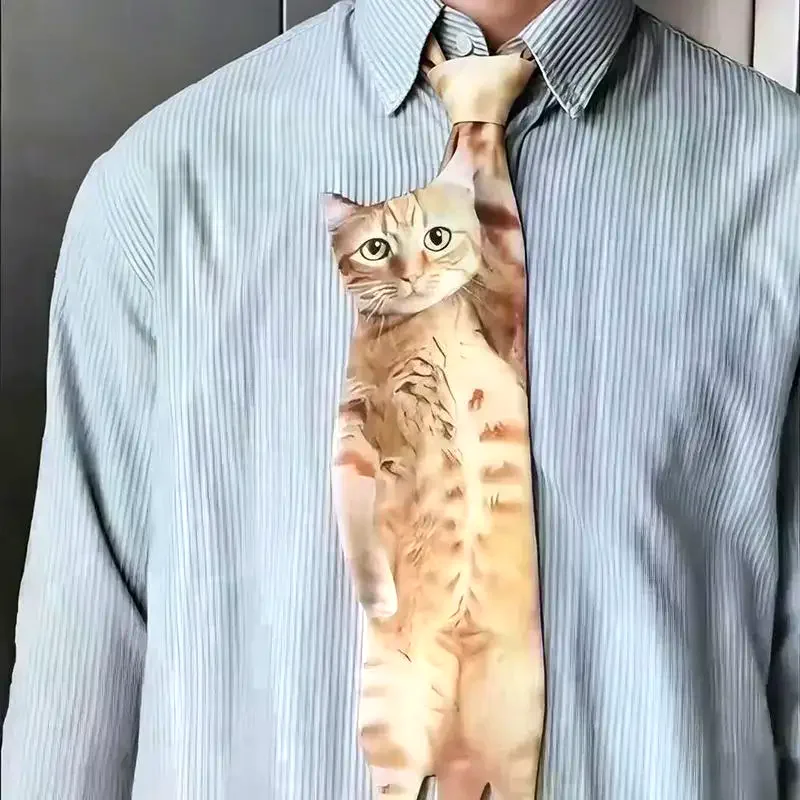 3D Cat Necktie Satin Realistic Kitten Pattern Fashionable Outfits Business Casual Party Pet Lover Men Women Accessories Gift