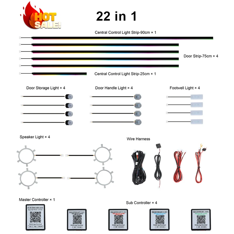 @#Premium Upgrade RGB Dynamic Symphony Car Interior Light 18 / 22 in 1 Ambient Atmosphere LED Light Kit for Carfree shipping