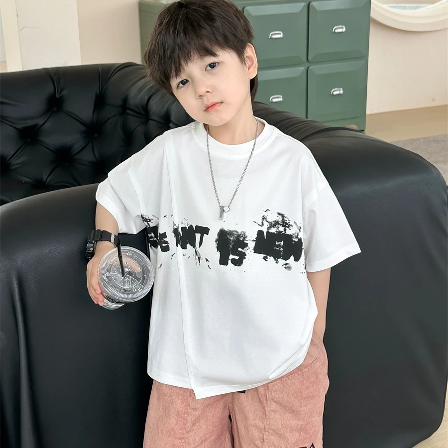 Kinderen Bedrukt T-Shirt 2024 Zomer Nieuwe Koreaanse Onregelmatige Korte Mouw Dun Alfabet All Match Fashion Zomer Kids Korte Mouw