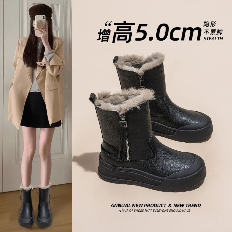 Women Winter Snow Ankle Boots 2026 New Korean Style Fleece Lined Thick Platform Heighten Non Slip Warm Cotton Casual Shoes