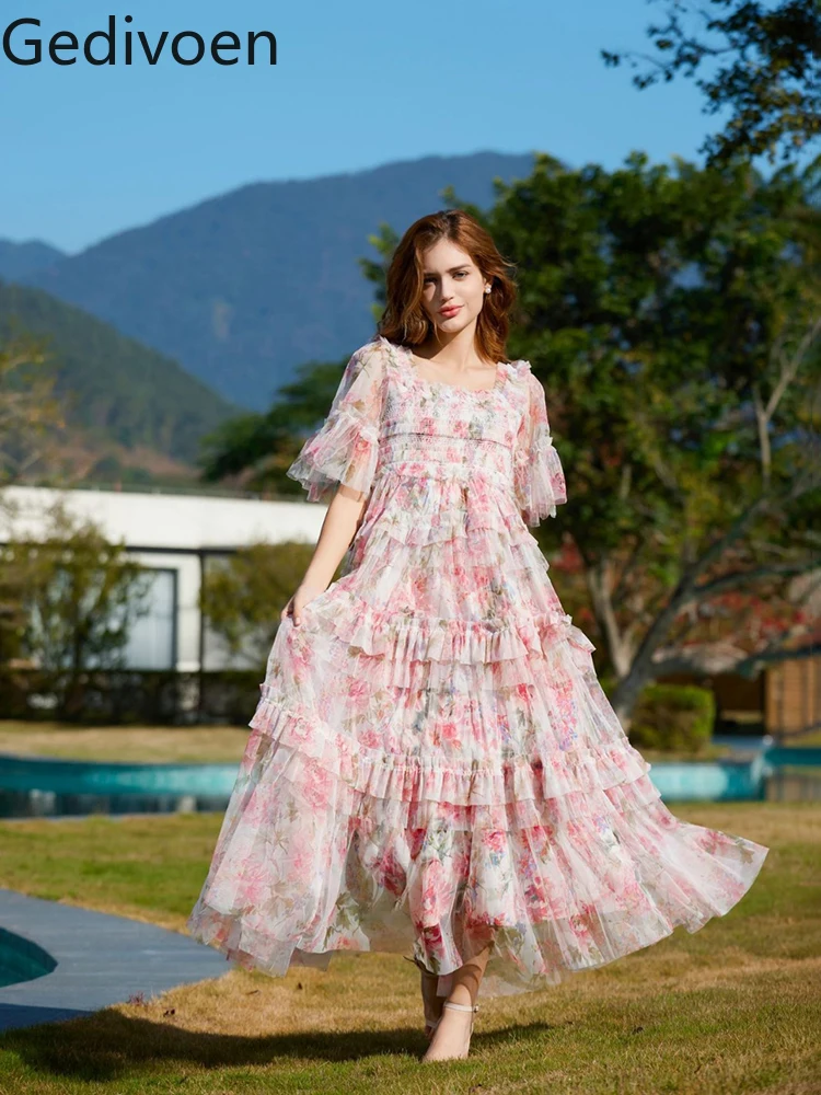

Gedivoen Fashion Designer Autumn Women's Dresses Square Collar Print Draped Embroidery Office Lady A-LINE Dress