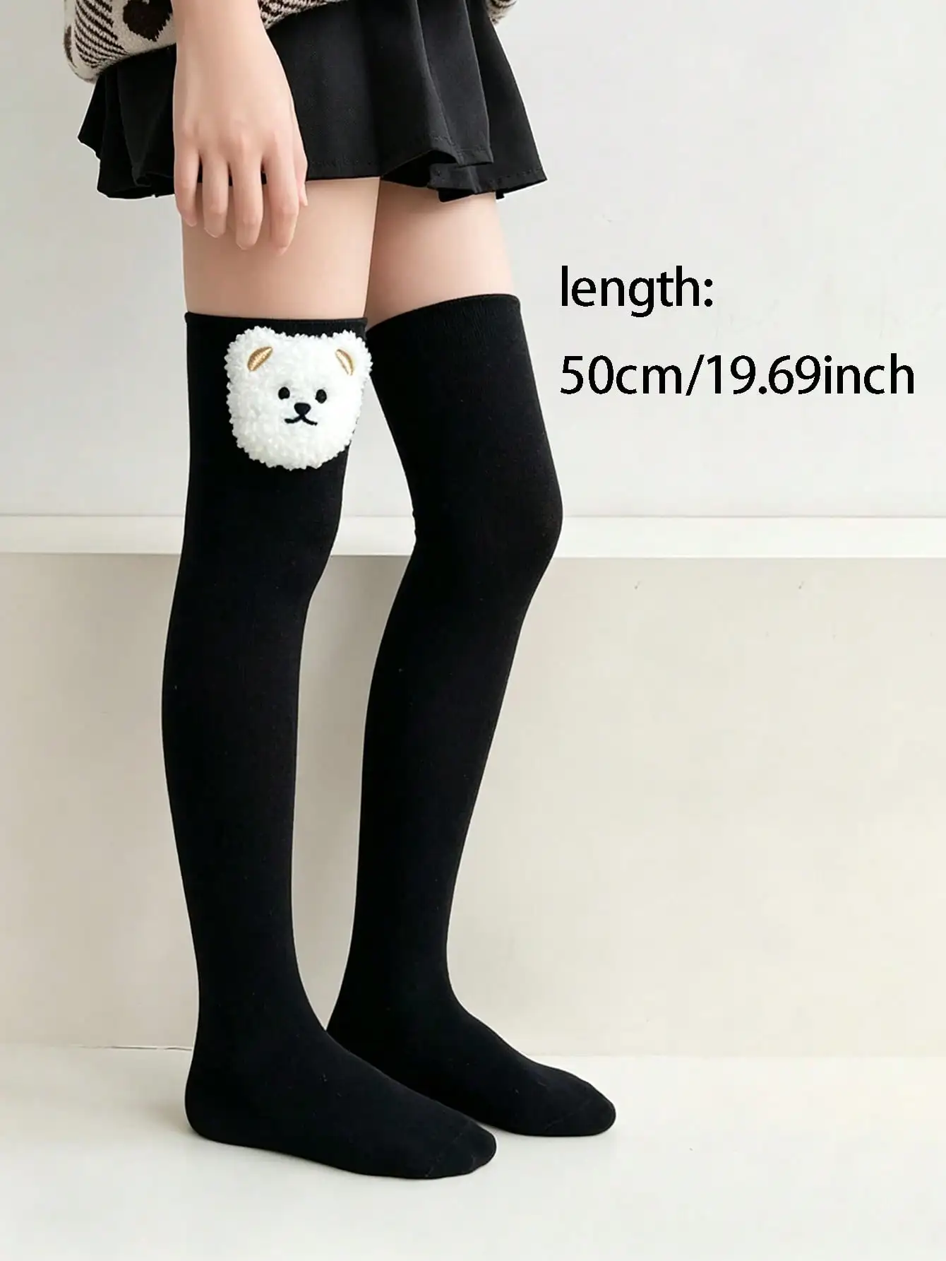 2 Pairs Girls Knee High Socks Cute Bear Cartoon Decor Kids Long Socks Black White For Girls Back‑to‑School Uniform Daily Outfits