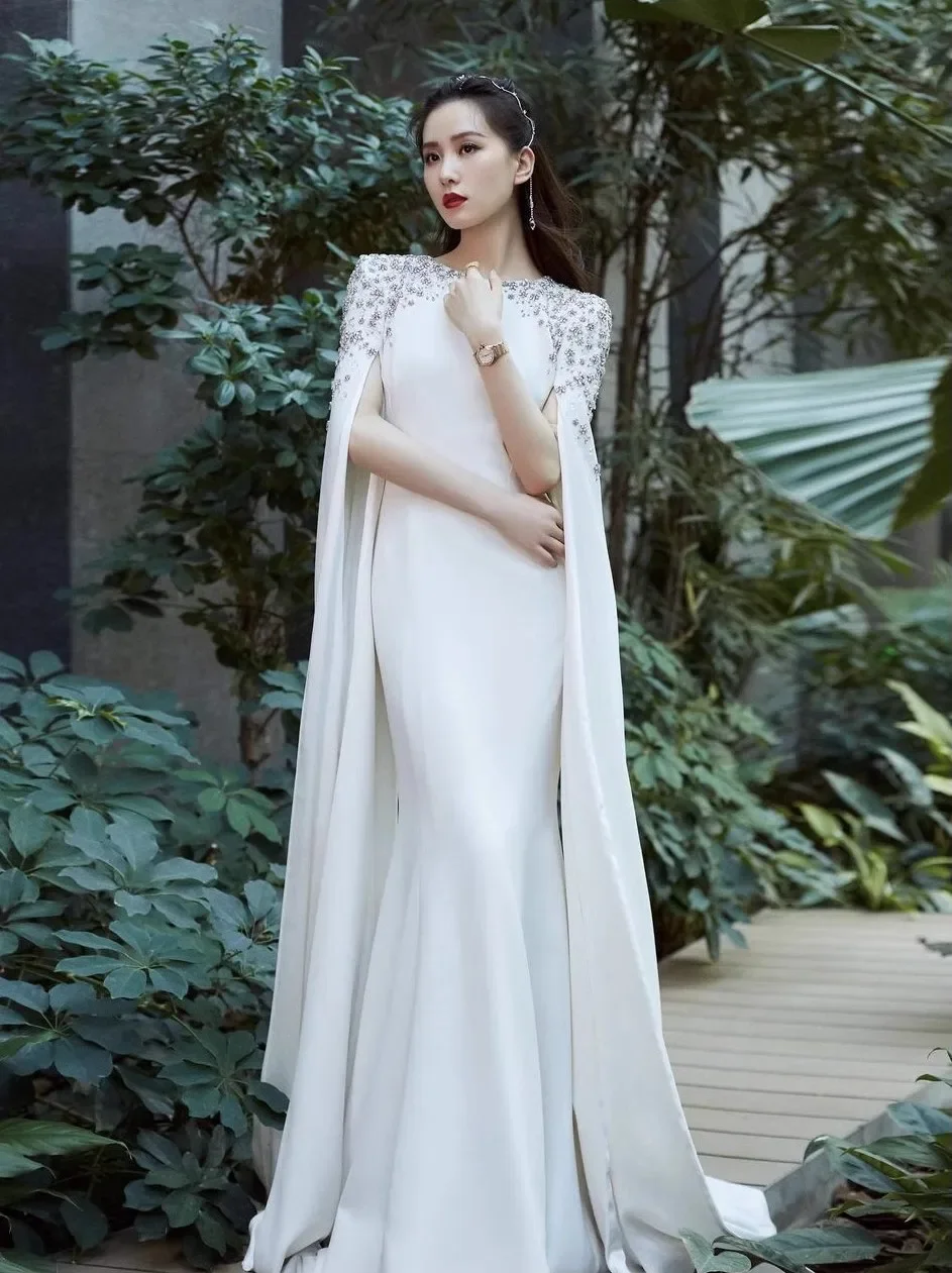 Customized Luxury O Neck Cape Long Sleeves Evening Dress Beading Crystal Mermaid Floor-Length Women\'s Party Dresses For Special