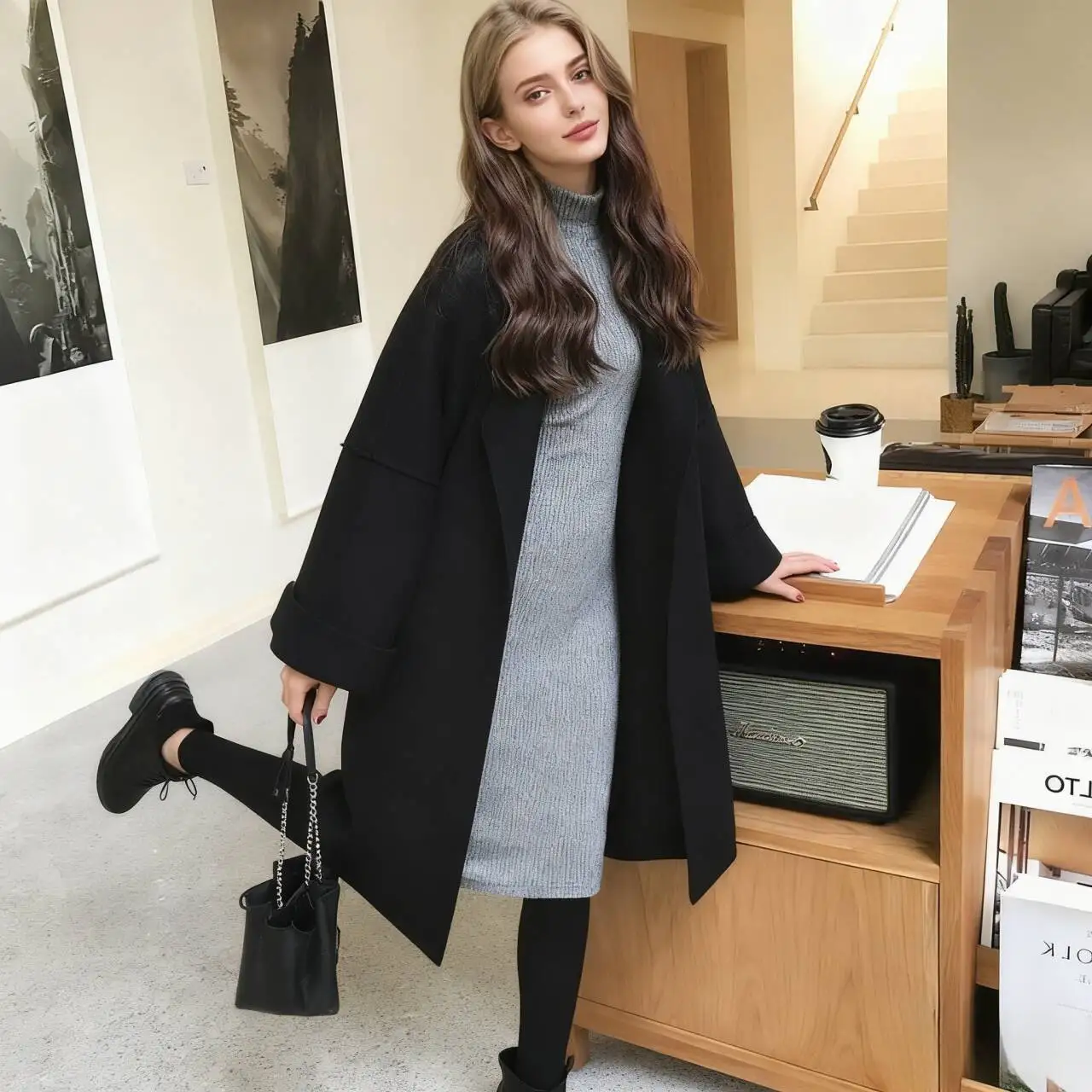 Abrigos de mezcla de lana para mujer, abrigo de lana hecho a mano, color Beige, con forro polar, rejilla desmontable, acanalado, hombros caídos, cintura ajustable, elegante