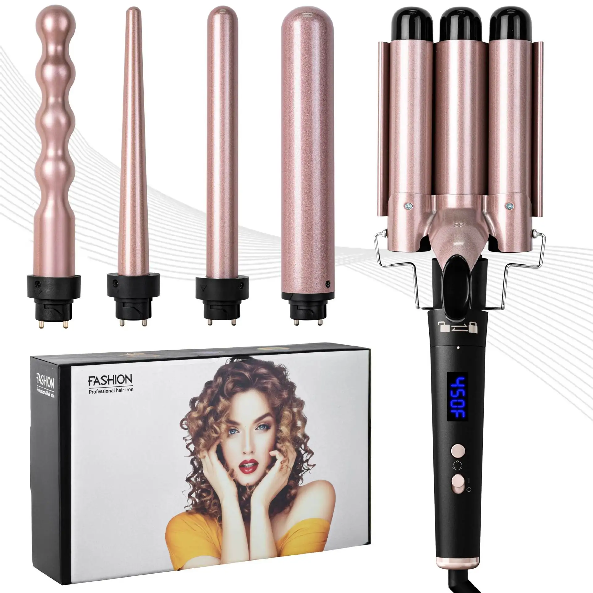 5-in-1 Ionic Curling Iron Set – No Damage Hair Curler with Interchangeable Barrels for Big Waves & Versatile Styling