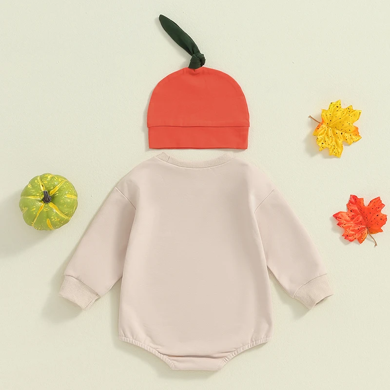 Baby Boy Halloween Outfit Cutest Pumpkin in the Patch Sweatshirt Romper ​Crew Neck Long Sleeve  with Hat