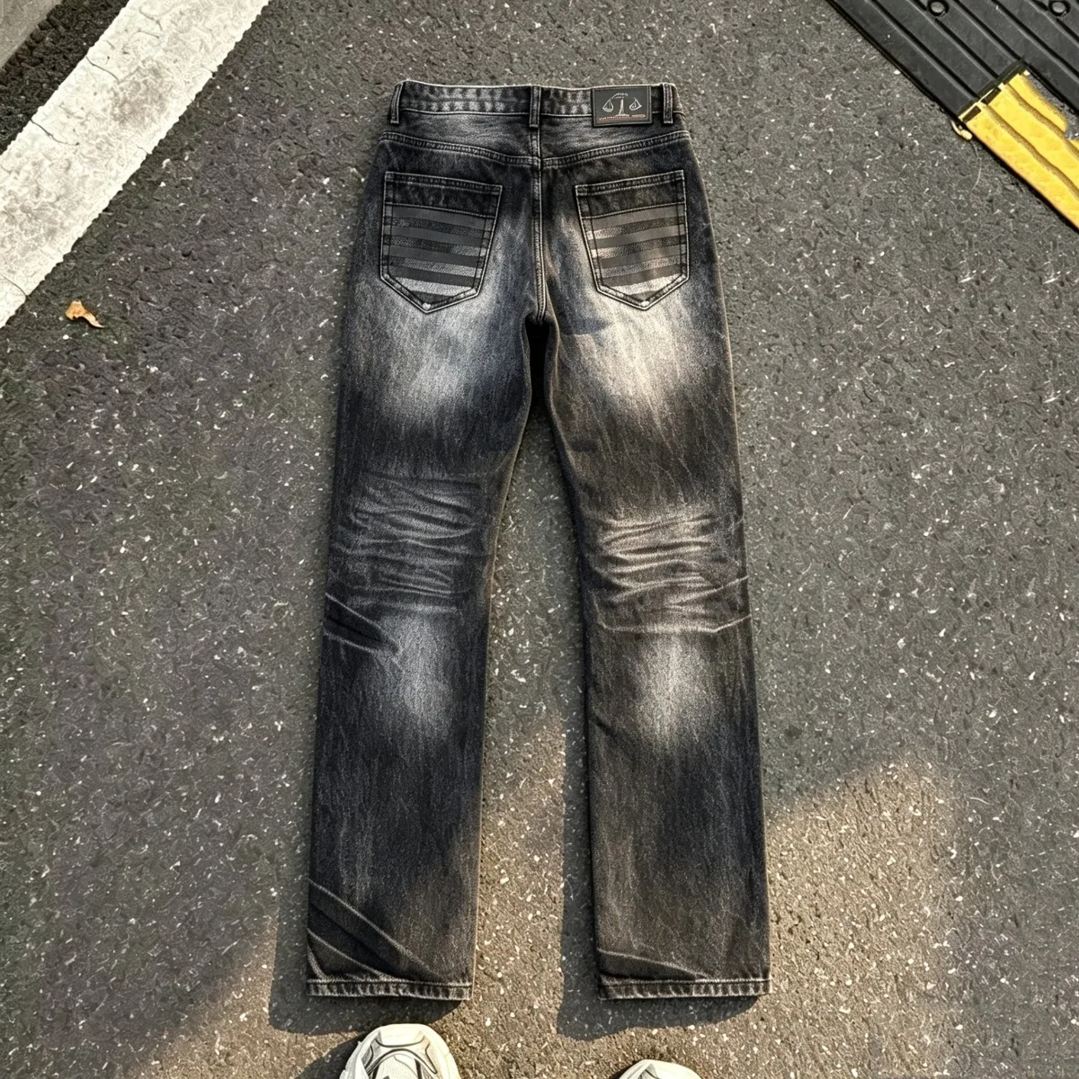 Retro Black Grey Lightning Print Straight Leg Jeans Men's Casual Cotton Polyester Blend Warmth Emitting Youth Fashion
