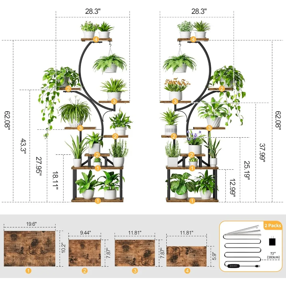 2 Pack Indoor Plant Stand with Grow Light, 8 Tiered Large S-Shape Flower Multiple Display Shelves, 62