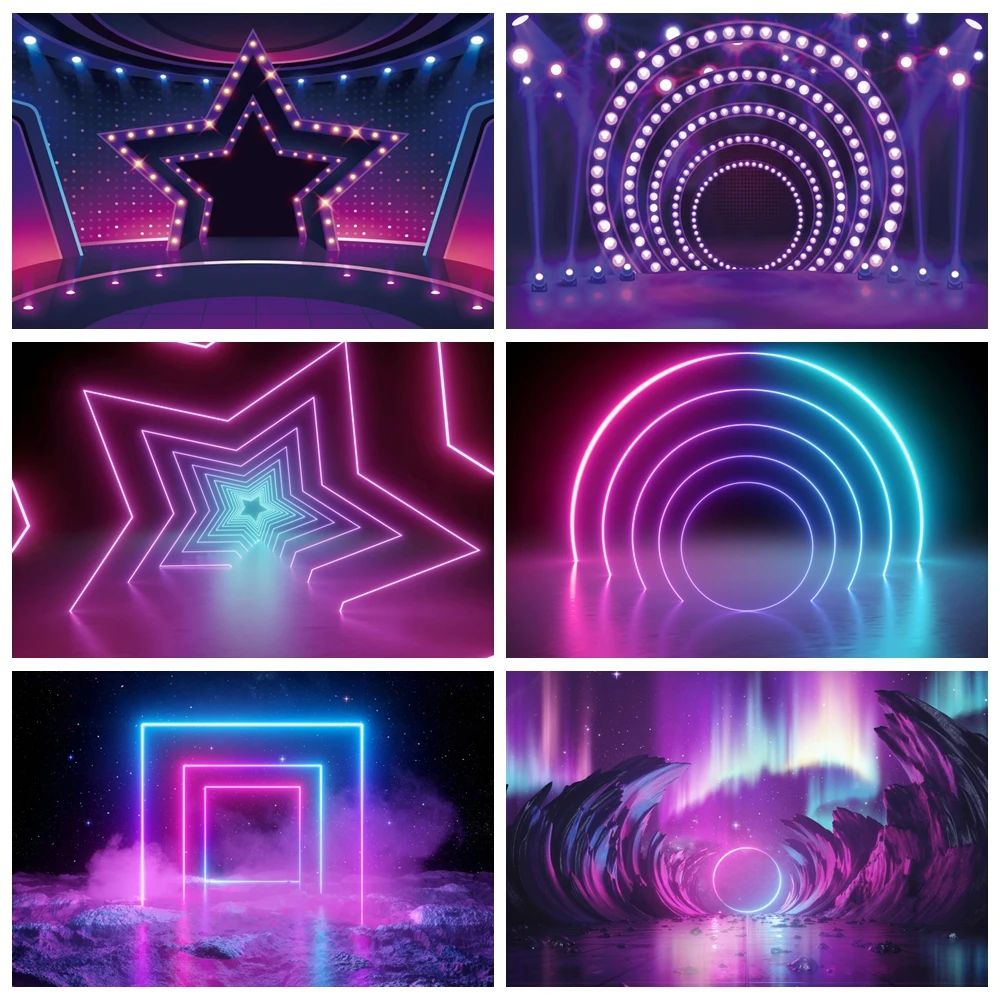 Neon Lights Stage Backdrop Photography Futuristic Electronic Let\'s Glow 80\'s 90\'s Disco Birthday Party Background Photo Studio