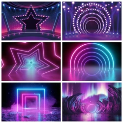 Neon Lights Stage Backdrop Photography Futuristic Electronic Let's Glow 80's 90's Disco Birthday Party Background Photo Studio