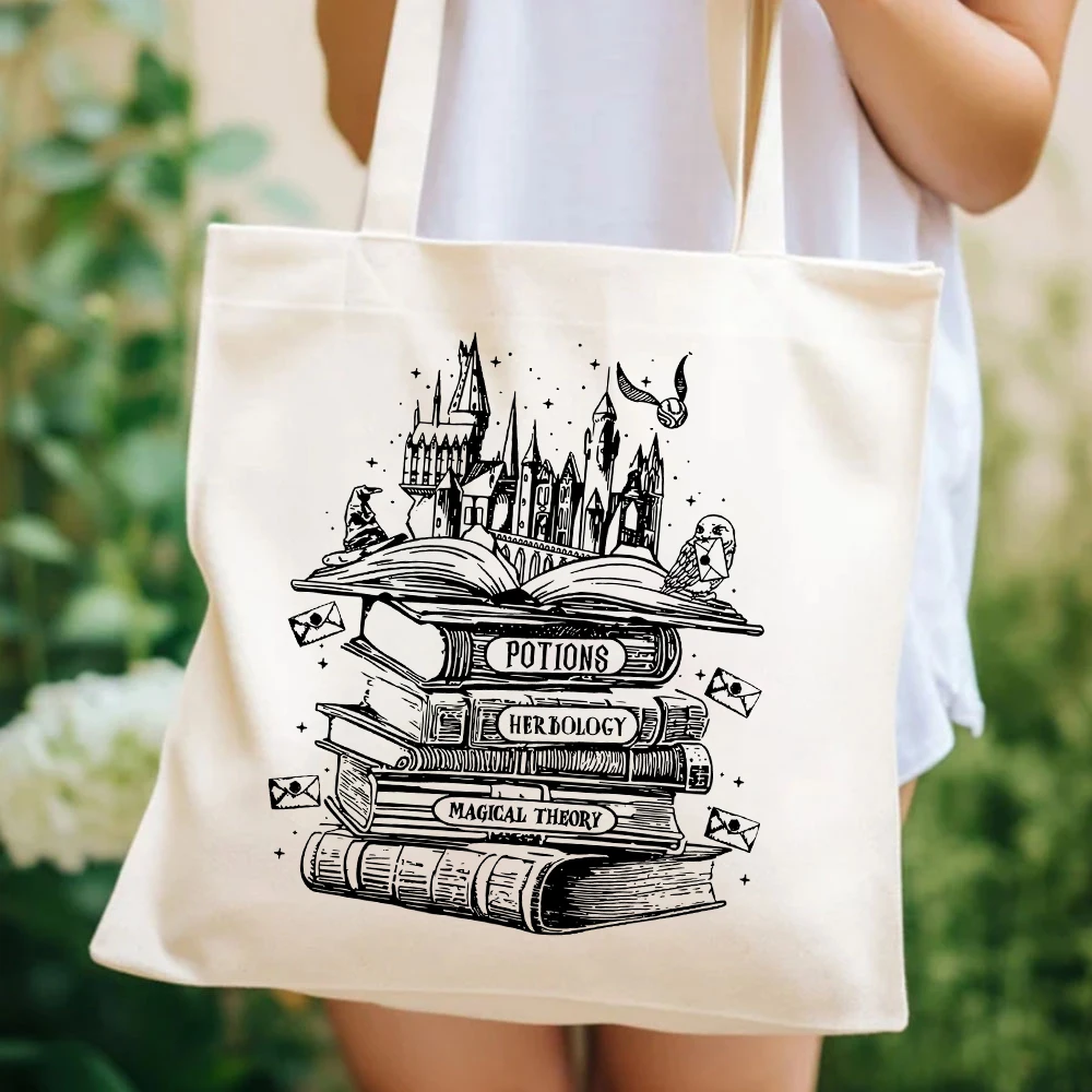 Magischer Zauberer Buchhandlung Schloss druck Damen handtaschen Film inspiriert Schule Leinwand Einkaufstaschen Nerd Buch Liebhaber Taschen Magic Castle