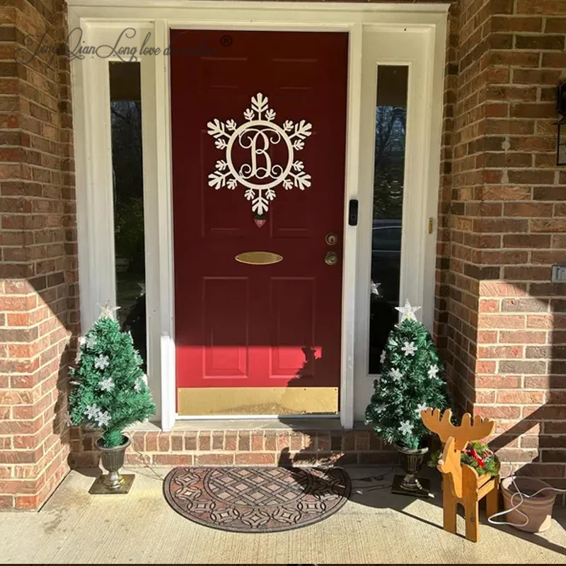 Custom  baby’s room sign  Snowflake Monogram- Holiday Wooden Monogram Letters - Interlocking Script, Door Hanger Wreath