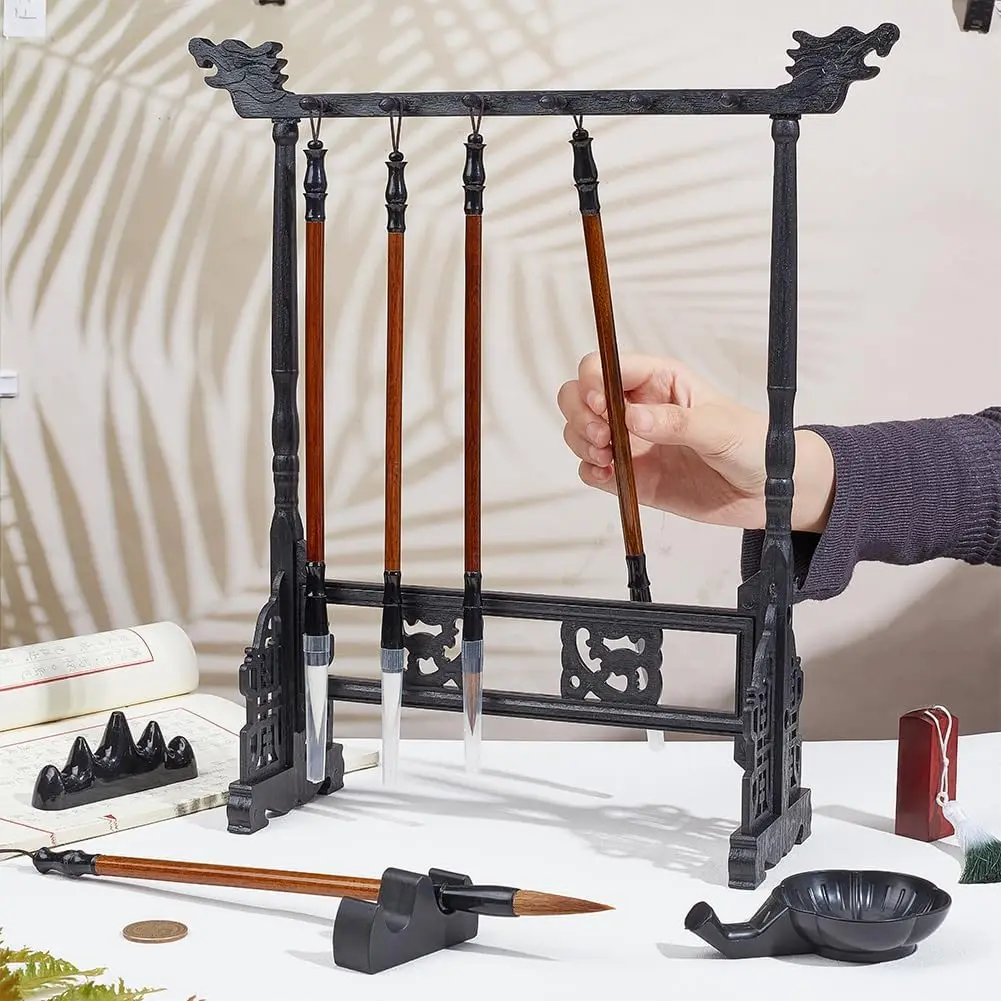12-Pin Quality Rose Wood Brush Holder, Chinese Japanese Calligrapghy Brush Hanger Carving Sumi for New Year, Professional Art