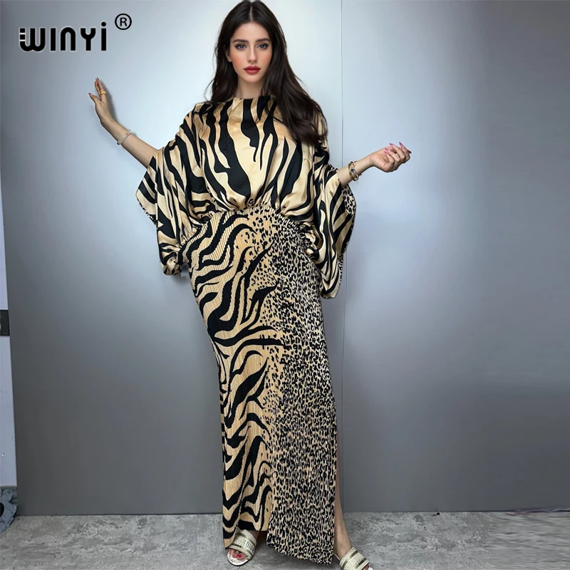 WINYI Summer Pleat Elastic Dress Holiday Beach Cover Up Maxi Kaftan Abaya Dubai Luxury Party Dress Woman Loose Evening Dress