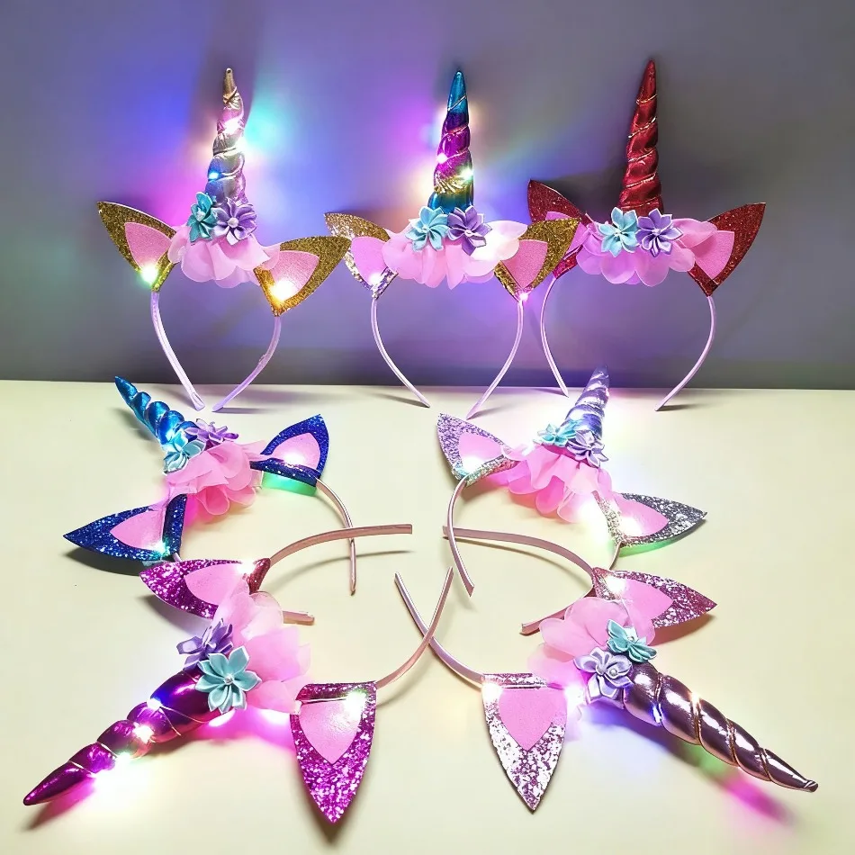 Diadema brillante para niñas, luces LED para niños, hebilla para cabeza de unicornio, tocado para fiesta de Halloween, cuernos de arcoíris, tocado de vestir
