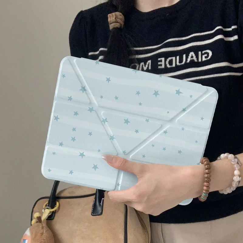 Blue Striped Star 3Y Fold iPad Case For iPad Pro 11 13in 2025 iPad Pro 12.9in Air7 10/11th M4/5 Shockproof Magnetic Buckle Cover