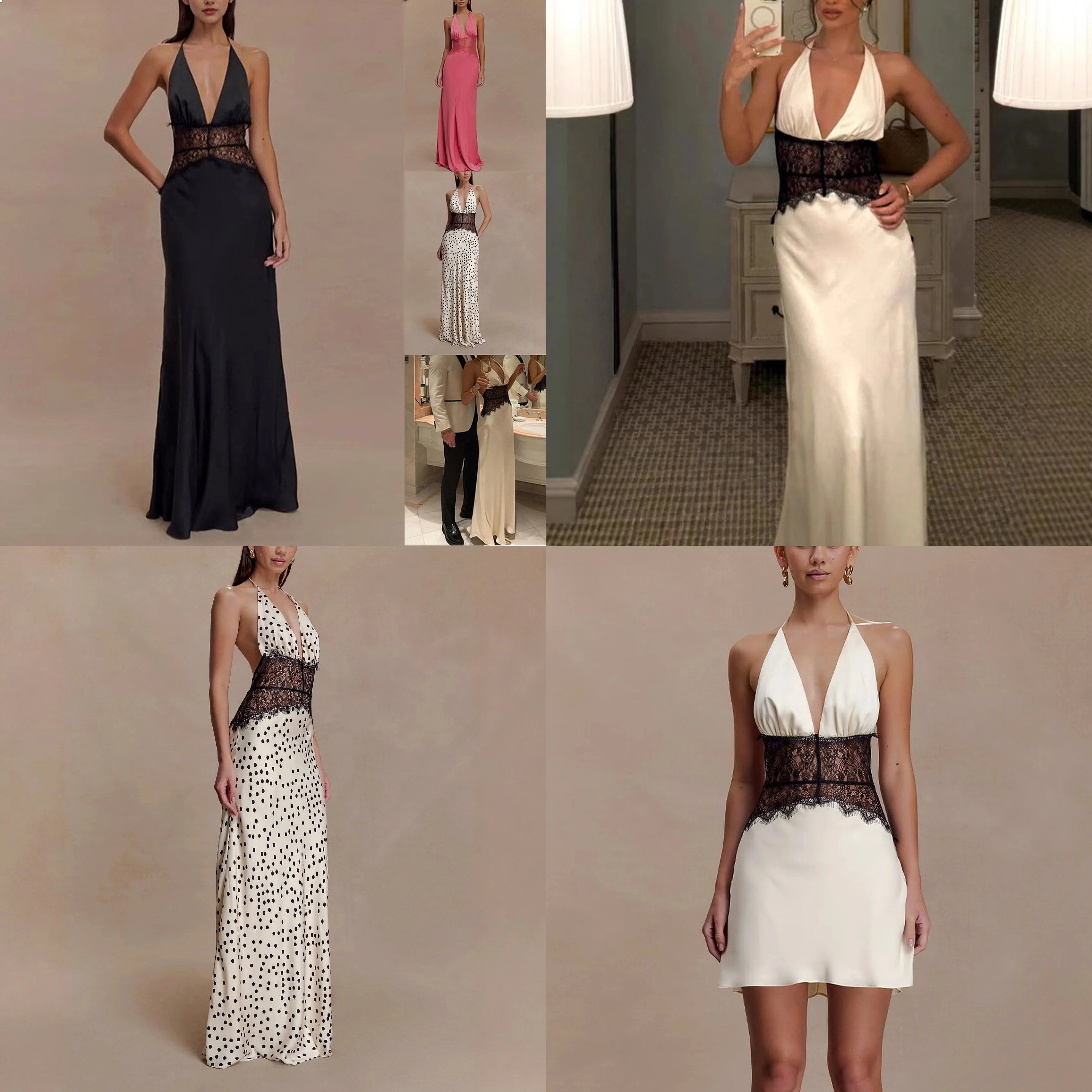 

Elegant Deep V Silk Satin Maxi Dress Summer Spring Satin Dresses Sexy Backless Tie Waist